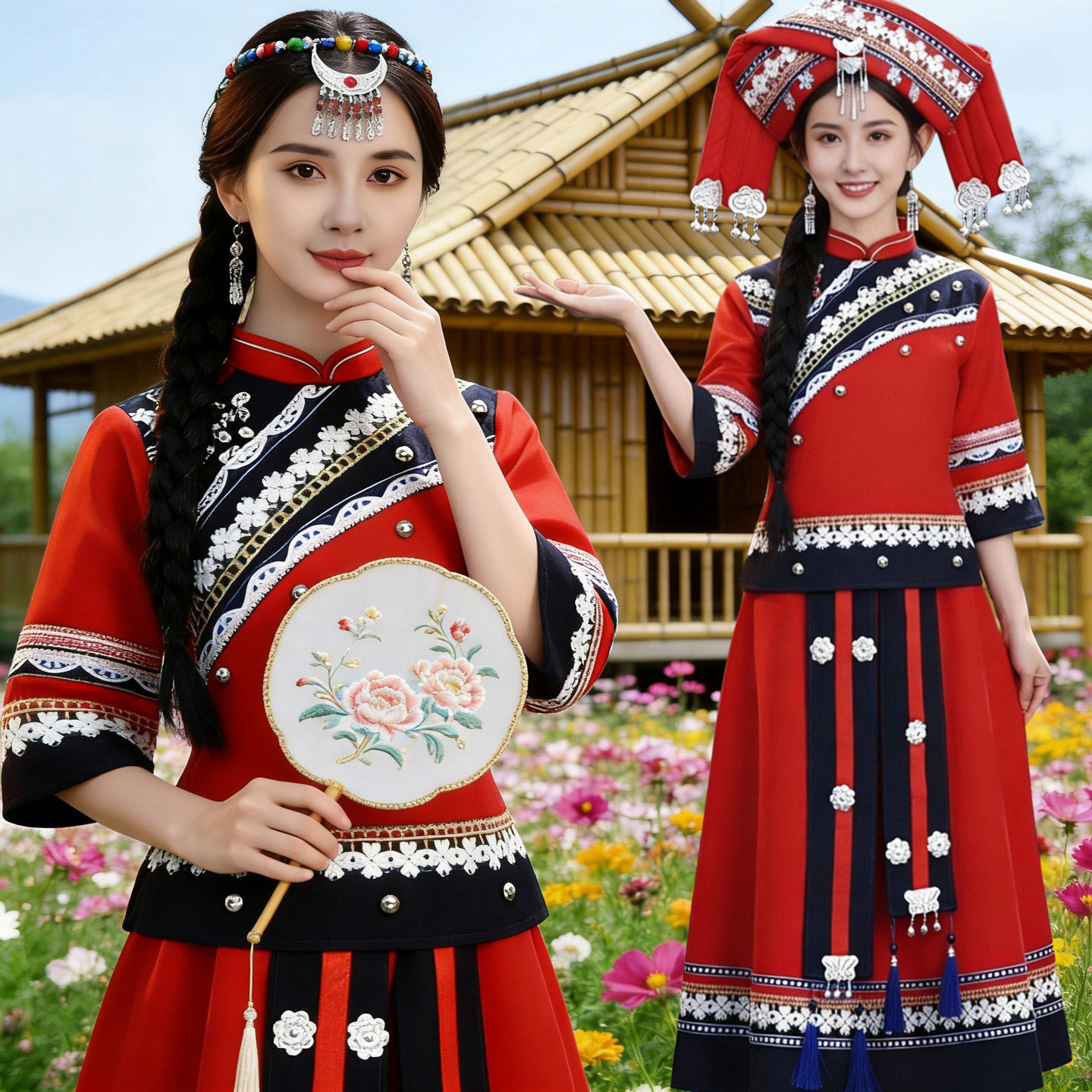 新款女成人服饰三月三壮族少数民族风刺绣重工长裙瑶族服装演出服